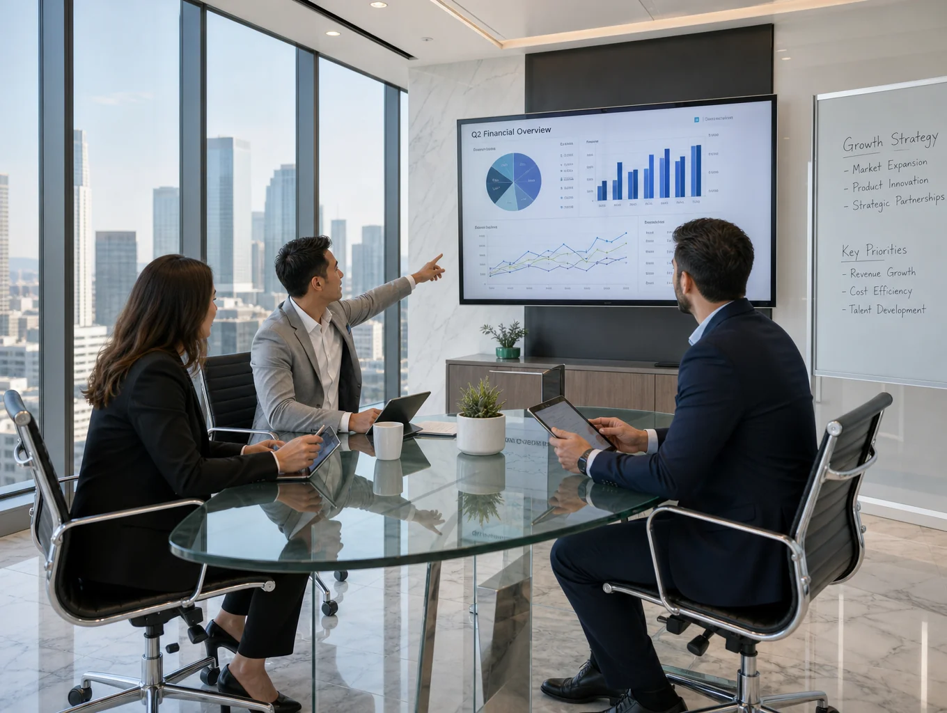 Two senior consultants reviewing regulatory documents and expansion strategy charts together at a table
